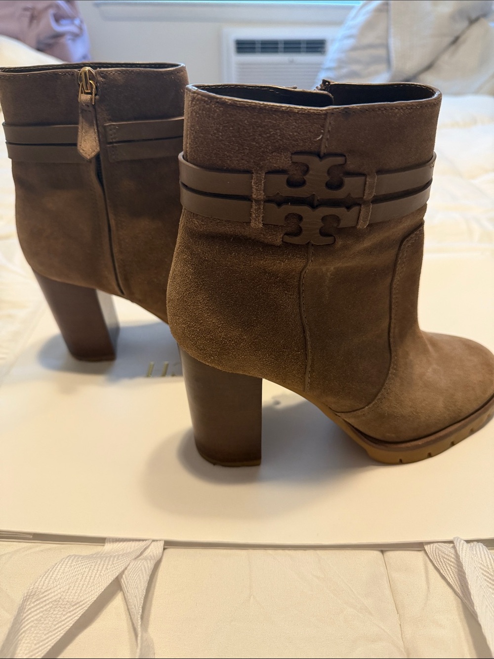Tory Burch Brown Suede Ankle Booties with Logo Strap